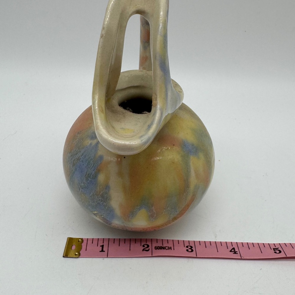 Vintage MCM Sculptural Loop Handle Ewer Vase Pastel Drip Glaze Pitcher Art Deco - Picture 9 of 10